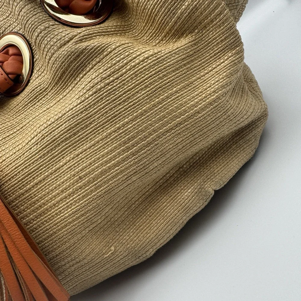 Michael Kors Carlton Large Straw Hobo Bag Braided Leather Grommet Tassel Tan